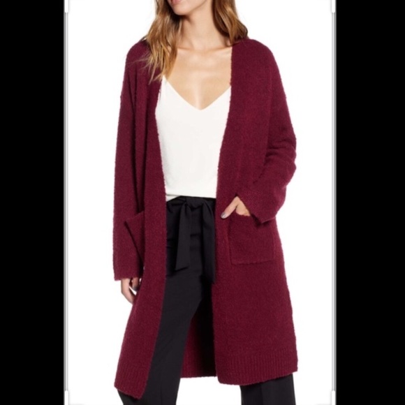 Leith Sweaters - Leith Burgundy Boucle Long Open Cardigan Sweater